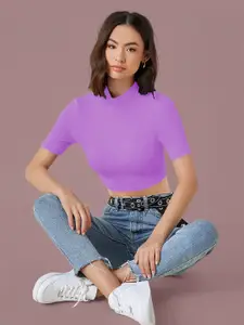 Dream Beauty Fashion Women Solid Round Neck Short Sleeves Fitted Crop Top