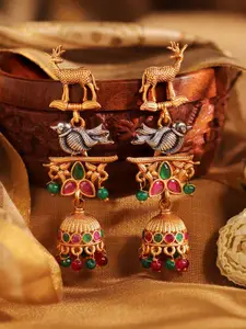 Priyaasi Gold Plated Artificial Stones and Beads Sparrow Flora-Fauna Dome Shaped Jhumkas