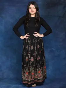 Exotic India Women Long Skirt With Printed Flowers & Embroidered Sequins