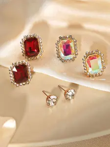 Priyaasi Set Of 3 Silver Plated Crystals Studded Square Studs Earrings