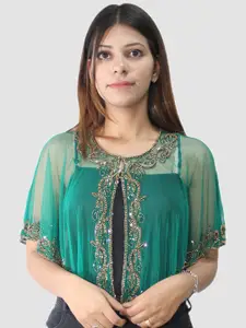 HAUTEMODA Women Embellished Cap Sleeves Net Cape Top