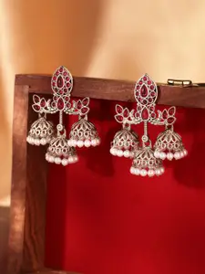 Priyaasi Silver Plated Artificial Stones and Beads Studded Oxidised Jhumkas