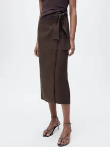MANGO Women Pure Linen Wrap Skirt With Fringe Detail