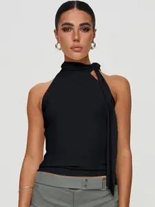 MIAKEE Women Solid Tie-Ups High Neck Tops