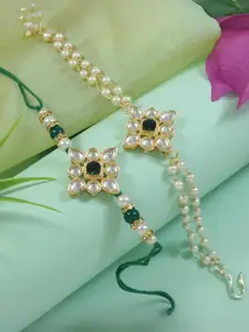 I Jewels 2 Pieces Kundan Pearls Hanging Bhaiya Bhabhi Lumba Rakhi Bracelet Combo Set