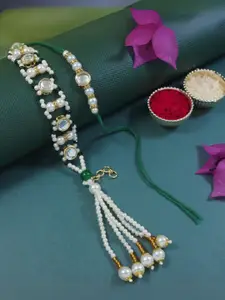 I Jewels White 2 Pieces Kundan & Pearls Bhaiya Bhabhi Lumba Rakhi Bracelet
