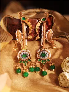Priyaasi Gold Plated Kundan Studded Peacock Shaped Drop Earrings