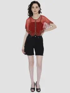 HAUTEMODA Women Solid Sequined Striped Cape Crop Shrug