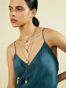 Isharya Marquise Mirror Trio 18K Gold-Plated Pearls Studded Layered Necklace