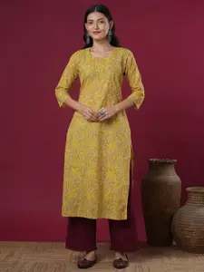FASHOR Floral Printed Round Neck Straight Pure Cotton Kurta