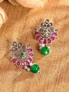 Priyaasi Silver-Plated Stone Studded & Beaded Oxidised Contemporary Drop Earrings