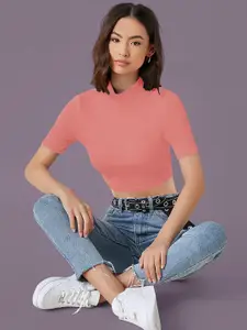 Dream Beauty Fashion Women Solid Round Neck Short Sleeves Fitted Crop Top