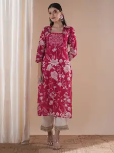 FASHOR Floral Printed Thread Work Cotton Straight Kurta