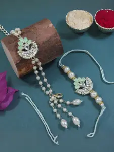 I Jewels Kundan & Pearls Bhaiya Bhabhi Lumba Rakhi Bracelet Combo Set With Roli Chawal