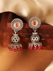 Priyaasi Silver Plated Artificial Stones and Beads Studded Oxidised Jhumkas