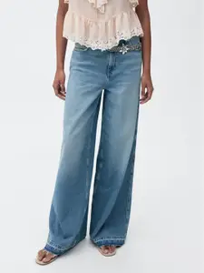 MANGO Women Pure Cotton High-Rise Light Fade Wide Leg Jeans