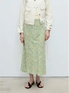 MANGO Floral Print Gauze Maxi Flared Skirt