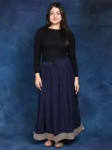 Exotic India Women Plain Elastic Long Skirt With Golden Border