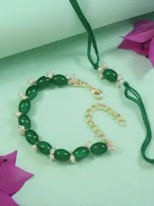 I Jewels Green 2 Pieces Pearls Bhaiya Bhabhi Lumba Bracelet Rakhi Combo Set