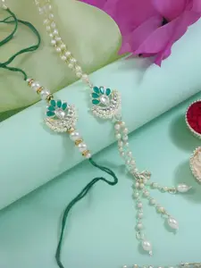 I Jewels 2 Pieces Kundan & Pearls Bhaiya Bhabhi Lumba Rakhi Bracelet Combo Set