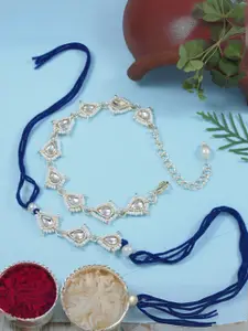 I Jewels 2 Pieces White Kundan & Pearls Bhaiya Bhabhi Lumba Bracelet Rakhi Combo Set