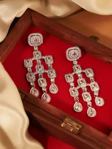 Priyaasi Silver Plated Kundan Studded Contemporary Drop Earrings