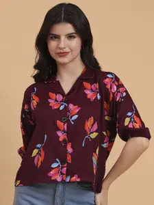 DressBerry Women Classic Boxy Fit Floral Printed Cuban Collar Casual Shirt