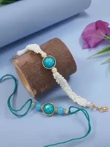 I Jewels Turquoise 2 Pieces Marble Pearls Beaded Bhaiya Bhabhi Lumba Bracelet Rakhi