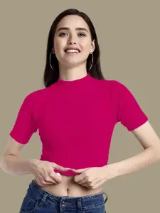 Dream Beauty Fashion Solid Pink Round Neck Crop Top