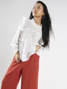 Sera Women White Ruffled Tiered Long Sleeve Top