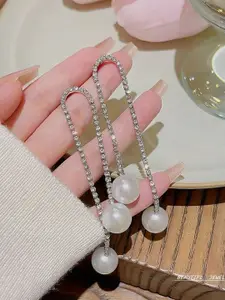 Celestique Rhinestone Studded & Pearls Contemporary Shaped Drop Earrings