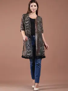 UnaOne Animal Printed Tasselled Open Front Georgette Longline Shrug