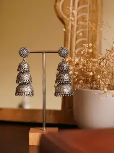 Sangria Silver Plated Three Layer Dome Shaped Oxidised  Jhumkas