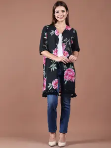 UnaOne Floral Printed Tasselled Open Front Georgette Longline Shrug