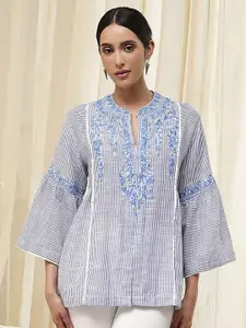 Biba Women Striped Thread Work Pure Cotton Thread Work Kurti