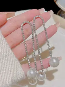 Celestique Rhinestone Studded & Pearls Contemporary Shaped Drop Earrings