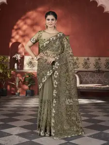 Anouk Ethnic Motifs Embroidered Net Heavy Work Saree With Unstitched Blouse Piece