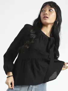 Sera Women Black Puff Sleeves Tie-Ups Detail Peplum Top