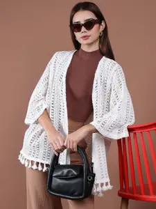 UnaOne Self Design Front Open Cotton Shrug With Fringes