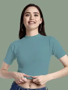 Dream Beauty Fashion Women Ribbed High Neck Fitted Crop Top