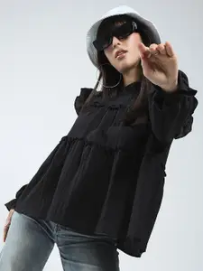 Sera Women Black Ruffled Tiered Long Sleeve Flowy Korean Top