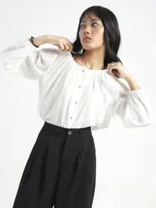 Sera Women White Cotton Nylon Puff Sleeve Shirt Style Top