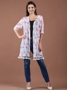 UnaOne Floral Printed Tasselled Open Front Georgette Longline Shrug