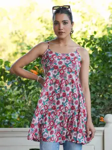 Janasya  Women Pink Pure Cotton Floral Printed Tiered Short Kurti