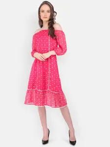 MARC LOUIS Star Print Off-Shoulder Chiffon A-Line Midi Dress