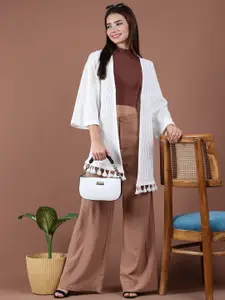 UnaOne Self Design Tasselled Open Front Cotton Longline Shrug