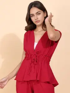 all about you Women V-Neck Sleeveless Tie-Ups Peplum Top