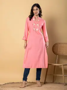 Readiprint Floral Yoke Design Mandarin Collar Thread Work Straight Kurta