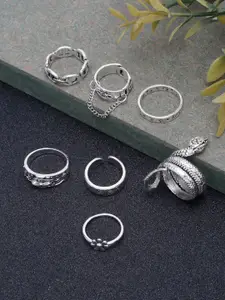 YouBella Set Of 7 Sliver-Plated Textured Finger Ring