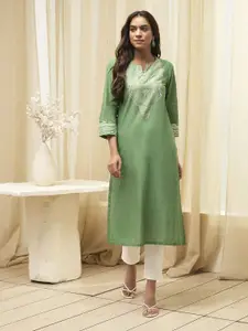 Biba Geometric Printed Mirror Work Notch Neck Pure Cotton Straight Kurta